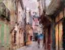 digital painting of a street in Vitré, Brittany, France with added textures
