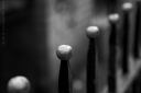 Black and white photo of a railing with shallow depth of field.