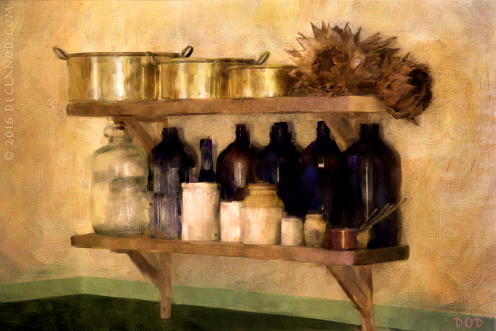 A digital painting of a shelf with saucepans and bottles.